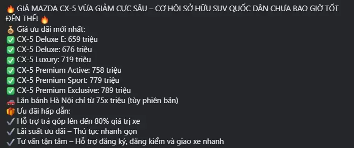 Mazda CX-5 giảm giá sâu tại đại lý, chỉ còn từ 659 triệu đồng Mazda CX-5 giảm giá sâu tại đại lý, chỉ còn từ 659 triệu đồng