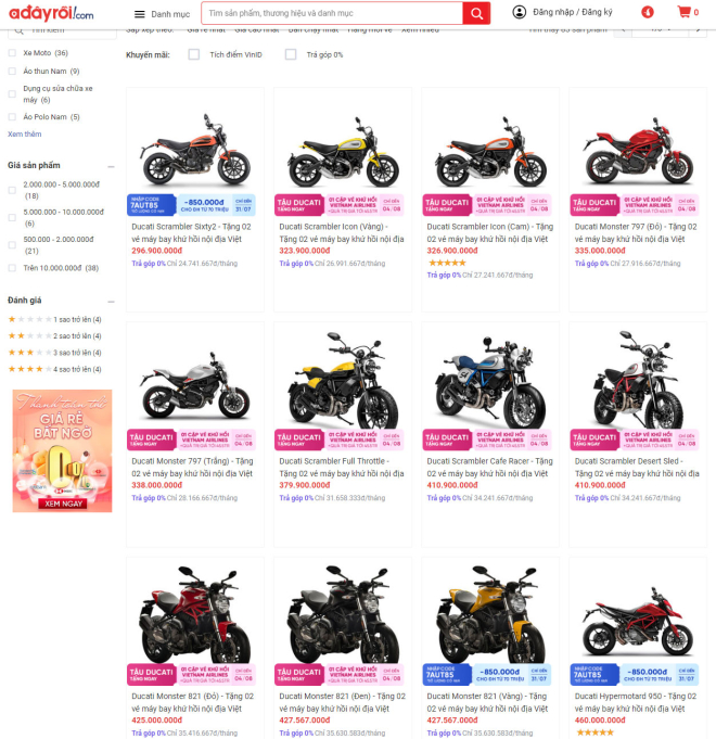 Rất nhiều sản phẩm xe và phụ kiện của Ducati sẽ được bày bán trên trên thương mại điện tử Adayroi Rất nhiều sản phẩm xe và phụ kiện của Ducati sẽ được bày bán trên trên thương mại điện tử Adayroi
