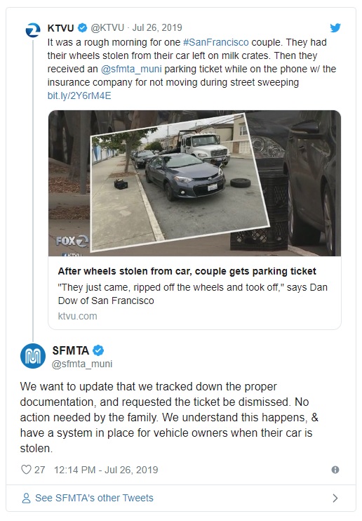 SFMTA thông báo hủy bỏ vé phạt đỗ xe đối với cặp đôi đen đủi